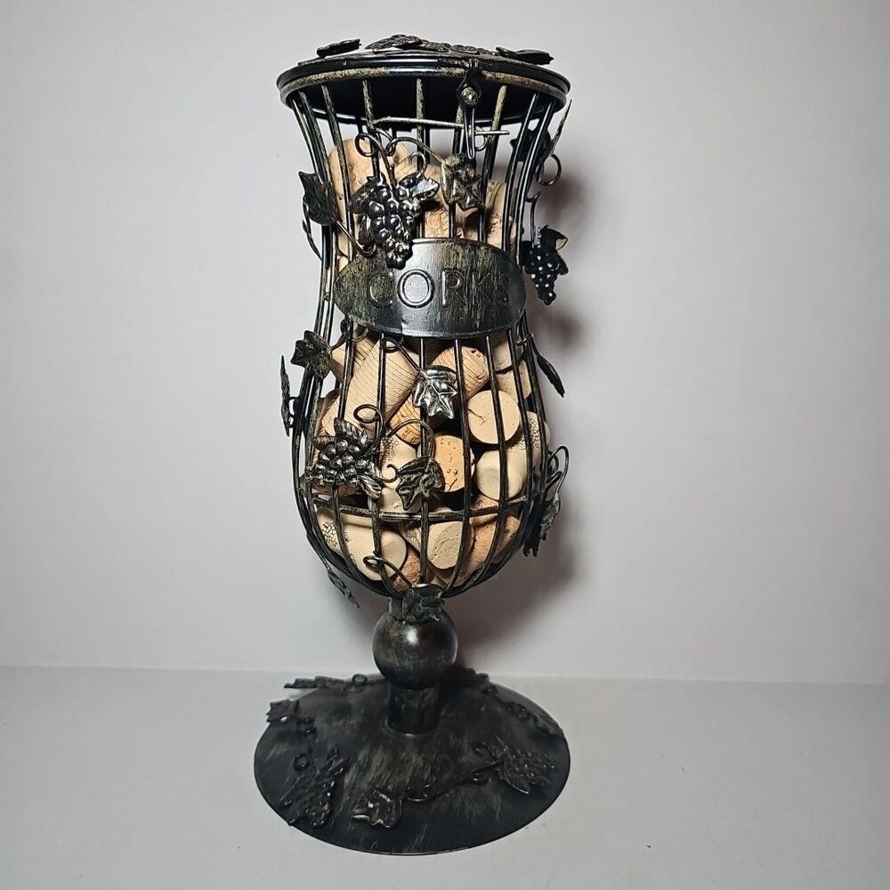 Decorative Art Wine Grapes Cork Cage Holder Hourglass Shaped Bronze with Corks